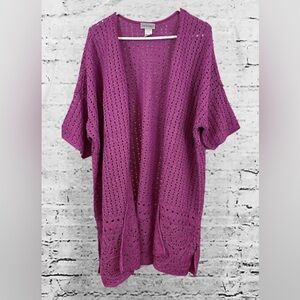 Catherines womens  crochet open cardigan sweater orchid pink elbow sleeve 3X